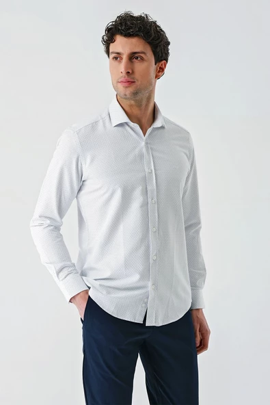 Mavi Uzun Kollu Desenli Armürlü Cepsiz Pamuklu Klasik Slim Fit Dar Kesim Gömlek 1004240189 - 3