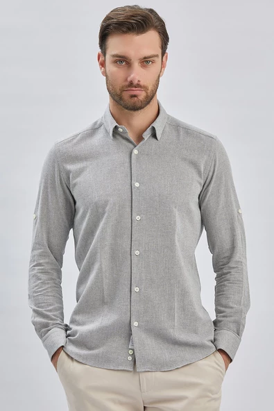 Gri Kısalabilir Kollu Armürlü Biritli Yaka Pamuklu Casual Slim Fit Dar Kesim Gömlek 1004240202 - Resim 3