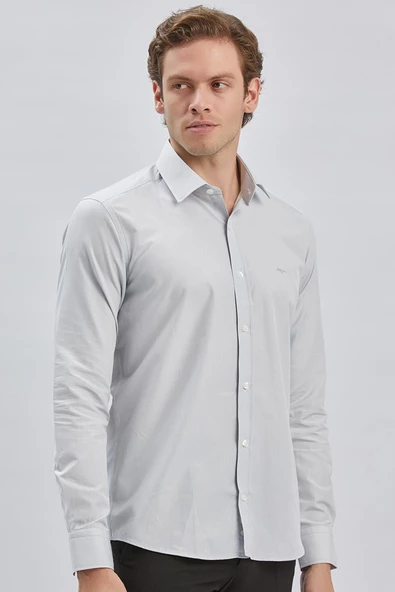 Gri Uzun Kollu Bez Ayağı Sert Yaka Cepsiz Pamuklu Klasik Slim Fit Dar Kesim Gömlek 1004240230 - Resim 3
