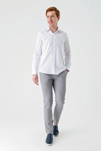 Beyaz Uzun Kollu Oxford Cepsiz Pamuklu Klasik Slim Fit Dar Kesim Gömlek 1004240235 - Resim 7