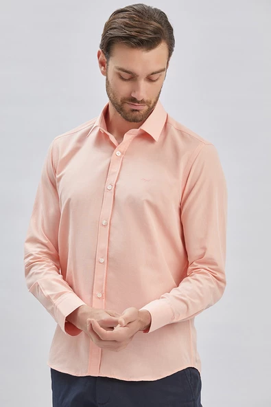 Pudra Uzun Kollu Bez Ayağı Sert Yaka Cepsiz Pamuklu Klasik Slim Fit Dar Kesim Gömlek 1004240230 - Resim 4