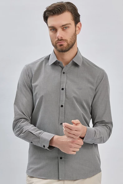 Siyah Uzun Kollu Bez Ayağı Sert Yaka Cepsiz Pamuklu Klasik Slim Fit Dar Kesim Gömlek 1004240230 - Resim 3