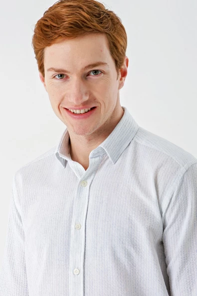 Koyu Mavi Uzun Kollu Biritli Yaka Pamuklu Likralı Casual Slim Fit Gömlek 1004240233 - Resim 7