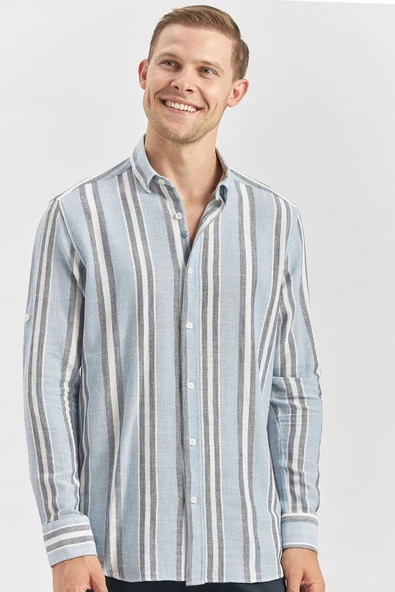 Koyu Mavi Kısalabilir Kollu Çizgili %100 Pamuk Casual Comfort Fit Gömlek 1004240246 - Resim 2