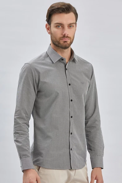 Siyah Uzun Kollu Bez Ayağı Sert Yaka Cepsiz Pamuklu Klasik Slim Fit Dar Kesim Gömlek 1004240230 - Resim 4