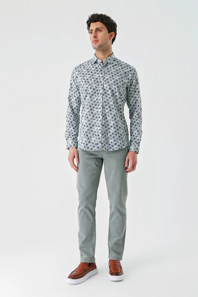 Su Yeşili Uzun Kollu Baskılı Garnili Pamuklu Casual Slim Fit Dar Kesim Gömlek 1004240211 - Resim 5