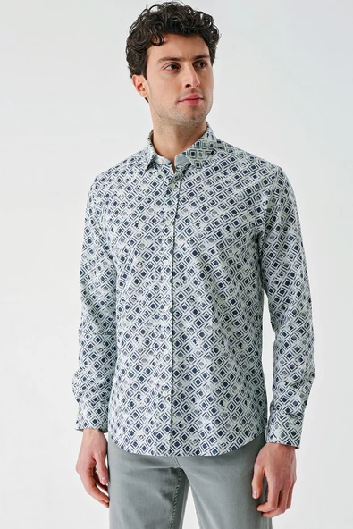 Su Yeşili Uzun Kollu Baskılı Garnili Pamuklu Casual Slim Fit Dar Kesim Gömlek 1004240211 - Resim 2