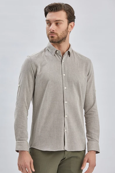 Koyu Kahverengi Kısalabilir Kollu Armürlü Biritli Yaka Pamuklu Casual Slim Fit Gömlek 1004240202