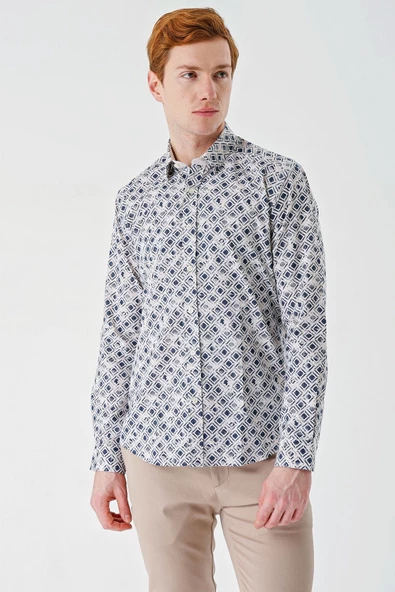 Açık Bej Uzun Kollu Baskılı Garnili Pamuklu Casual Slim Fit Dar Kesim Gömlek 1004240211