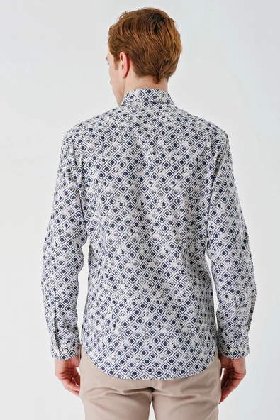Açık Bej Uzun Kollu Baskılı Garnili Pamuklu Casual Slim Fit Dar Kesim Gömlek 1004240211 - Resim 6