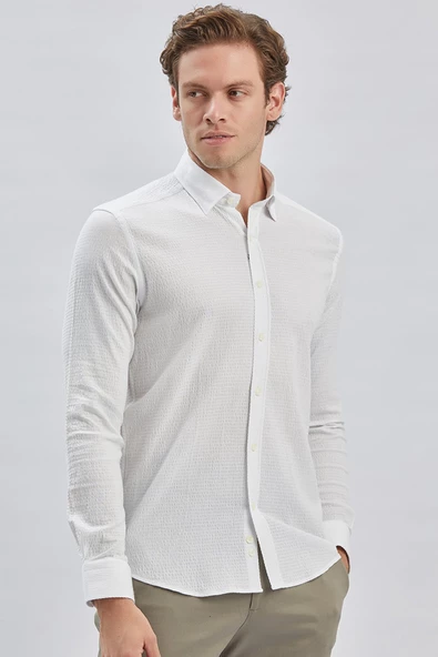 Beyaz Uzun Kollu Biritli Yaka Biyeli Pamuklu Likralı Casual Slim Fit Dar Kesim Gömlek 1004240232 - Resim 3