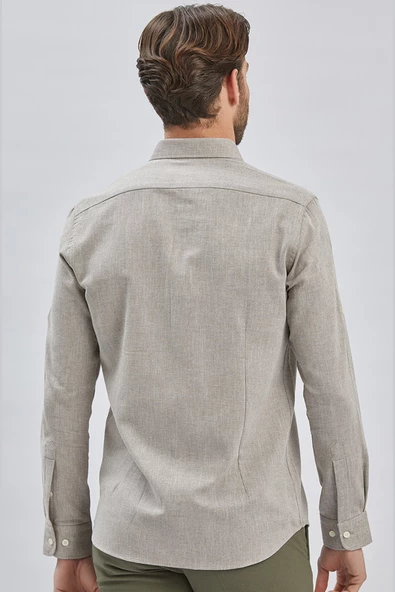 Koyu Kahverengi Kısalabilir Kollu Armürlü Biritli Yaka Pamuklu Casual Slim Fit Gömlek 1004240202 - Resim 5