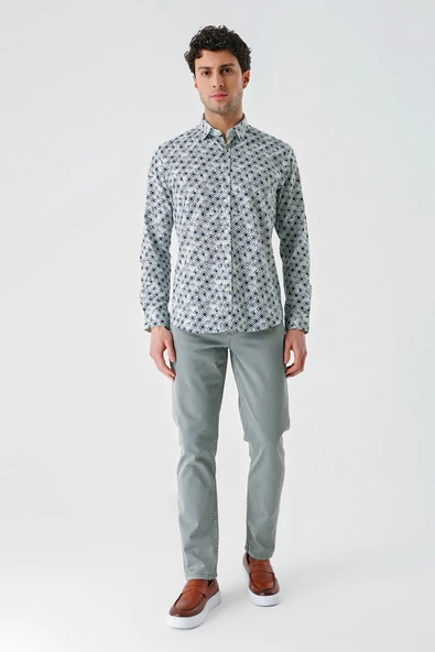 Su Yeşili Uzun Kollu Baskılı Garnili Pamuklu Casual Slim Fit Dar Kesim Gömlek 1004240211 - Resim 4