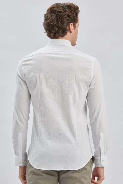 Beyaz Uzun Kollu Biritli Yaka Biyeli Pamuklu Likralı Casual Slim Fit Dar Kesim Gömlek 1004240232 - Resim 5