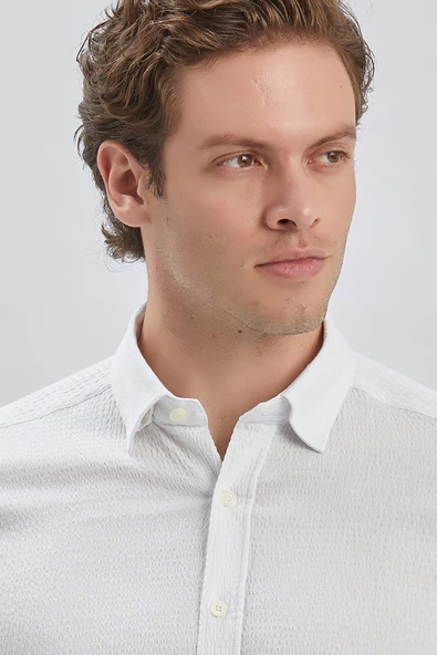 Beyaz Uzun Kollu Biritli Yaka Biyeli Pamuklu Likralı Casual Slim Fit Dar Kesim Gömlek 1004240232 - Resim 6