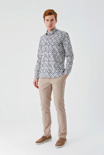 Açık Bej Uzun Kollu Baskılı Garnili Pamuklu Casual Slim Fit Dar Kesim Gömlek 1004240211 - Resim 4