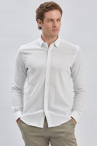 Beyaz Uzun Kollu Biritli Yaka Biyeli Pamuklu Likralı Casual Slim Fit Dar Kesim Gömlek 1004240232 - Resim 4