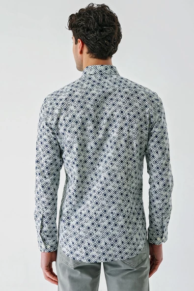 Su Yeşili Uzun Kollu Baskılı Garnili Pamuklu Casual Slim Fit Dar Kesim Gömlek 1004240211 - Resim 7