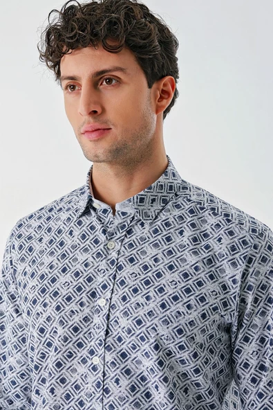Koyu Mavi Uzun Kollu Baskılı Garnili Pamuklu Casual Slim Fit Dar Kesim Gömlek 1004240211 - Resim 6