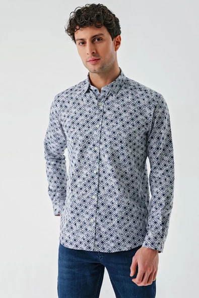 Koyu Mavi Uzun Kollu Baskılı Garnili Pamuklu Casual Slim Fit Dar Kesim Gömlek 1004240211 - Resim 3