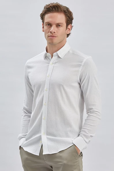 Beyaz Uzun Kollu Biritli Yaka Biyeli Pamuklu Likralı Casual Slim Fit Dar Kesim Gömlek 1004240232 - Resim 2