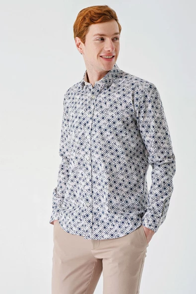 Açık Bej Uzun Kollu Baskılı Garnili Pamuklu Casual Slim Fit Dar Kesim Gömlek 1004240211 - Resim 2