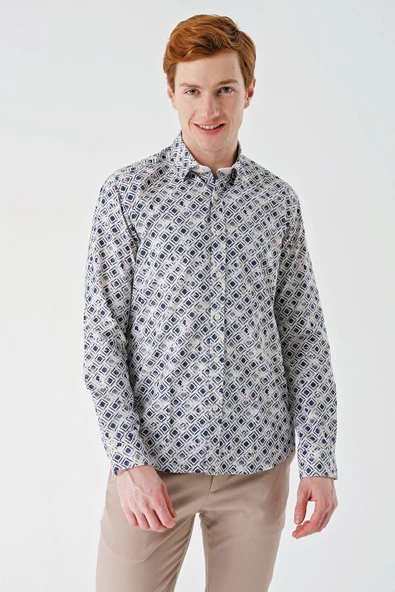 Açık Bej Uzun Kollu Baskılı Garnili Pamuklu Casual Slim Fit Dar Kesim Gömlek 1004240211 - Resim 3