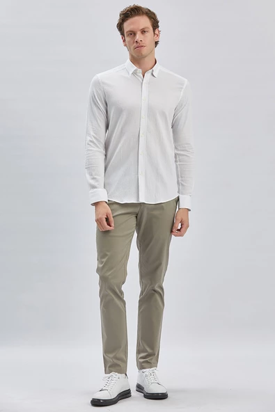 Beyaz Uzun Kollu Biritli Yaka Biyeli Pamuklu Likralı Casual Slim Fit Dar Kesim Gömlek 1004240232