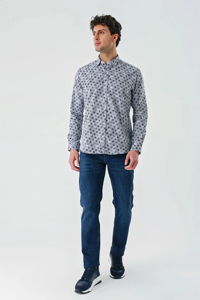 Koyu Mavi Uzun Kollu Baskılı Garnili Pamuklu Casual Slim Fit Dar Kesim Gömlek 1004240211 - Resim 2