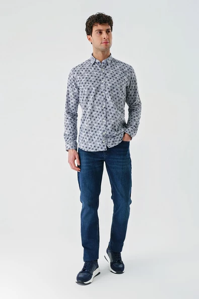 Koyu Mavi Uzun Kollu Baskılı Garnili Pamuklu Casual Slim Fit Dar Kesim Gömlek 1004240211 - Resim 4