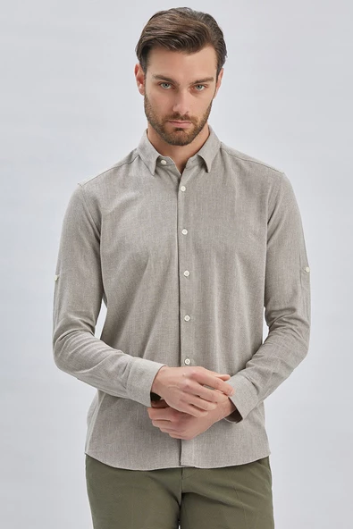 Koyu Kahverengi Kısalabilir Kollu Armürlü Biritli Yaka Pamuklu Casual Slim Fit Gömlek 1004240202 - Resim 3