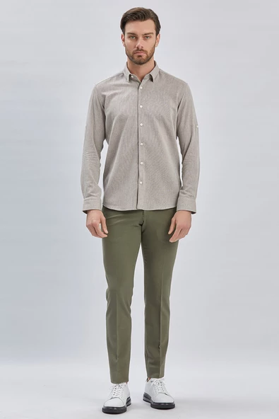 Koyu Kahverengi Kısalabilir Kollu Armürlü Biritli Yaka Pamuklu Casual Slim Fit Gömlek 1004240202 - Resim 2