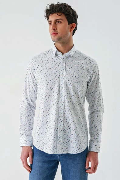 Beyaz Uzun Kollu Baskılı Biritli Yaka Cepsiz Pamuklu Klasik Slim Fit Dar Kesim Gömlek 1004240216 - Resim 3