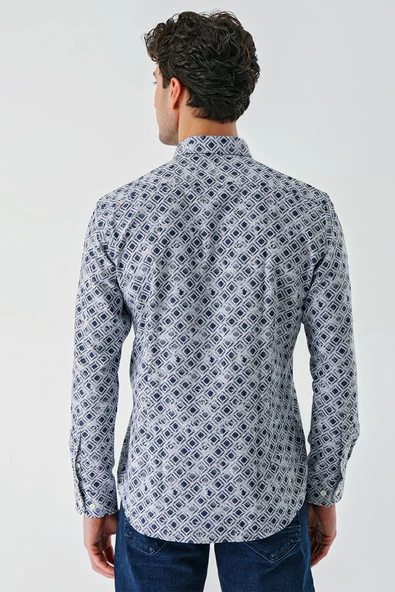 Koyu Mavi Uzun Kollu Baskılı Garnili Pamuklu Casual Slim Fit Dar Kesim Gömlek 1004240211 - Resim 7