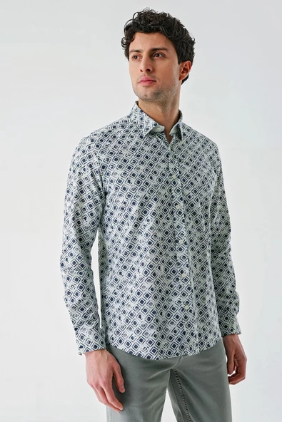 Su Yeşili Uzun Kollu Baskılı Garnili Pamuklu Casual Slim Fit Dar Kesim Gömlek 1004240211 - Resim 3