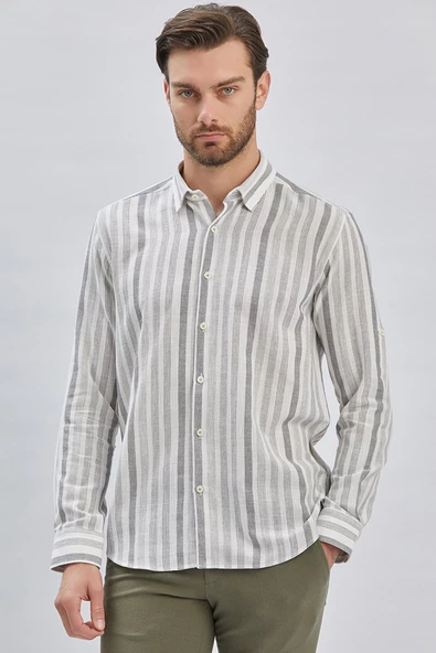 Gri Kısalabilir Kol Desen Perfectto Alttan Biritli Yaka Casual Slim Fit Gömlek 1004240201 - Resim 2