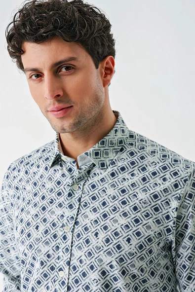 Su Yeşili Uzun Kollu Baskılı Garnili Pamuklu Casual Slim Fit Dar Kesim Gömlek 1004240211 - Resim 6