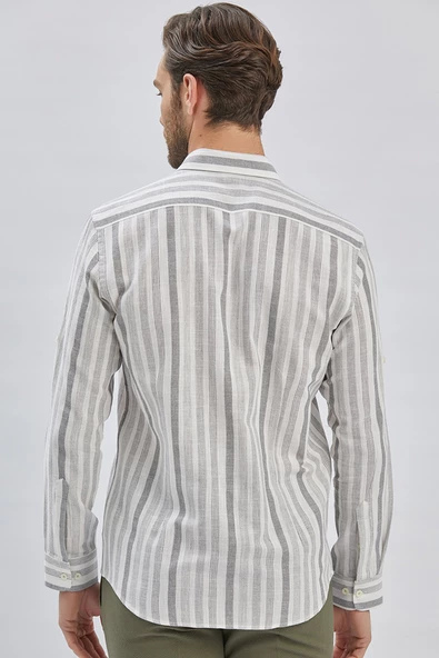 Gri Kısalabilir Kol Desen Perfectto Alttan Biritli Yaka Casual Slim Fit Gömlek 1004240201 - Resim 5