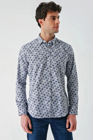Koyu Mavi Uzun Kollu Baskılı Garnili Pamuklu Casual Slim Fit Dar Kesim Gömlek 1004240211 - Resim 5