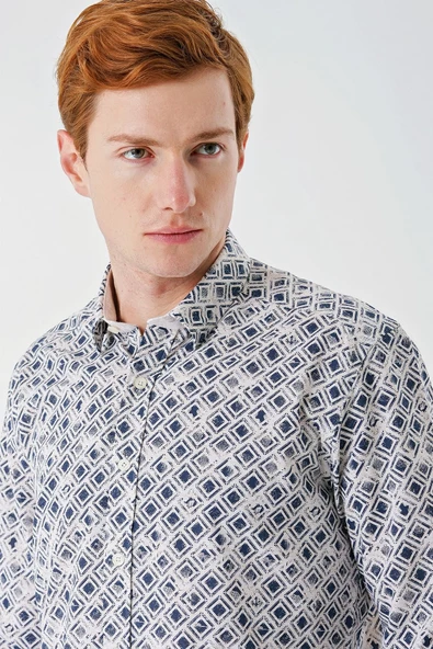 Açık Bej Uzun Kollu Baskılı Garnili Pamuklu Casual Slim Fit Dar Kesim Gömlek 1004240211 - Resim 5