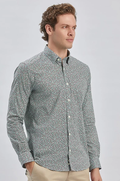 Koyu Yeşil Uzun Kollu Baskılı Biritli Yaka Cepsiz Pamuklu Klasik Slim Fit Gömlek 1004240215 - Resim 4