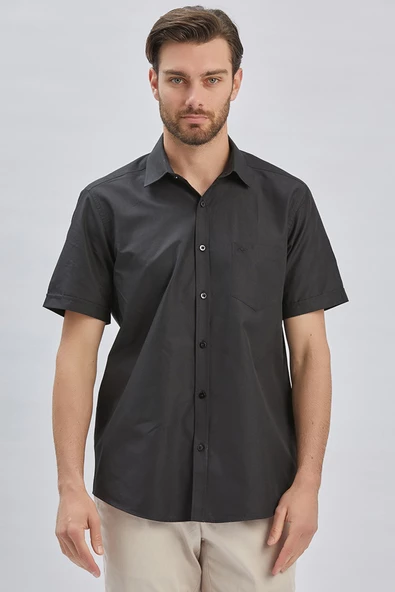 Siyah Kısa Kollu Desenli Sert Yaka Cepli Pamuklu Klasik Comfort Fit Rahat Kesim Gömlek 1004240231 - Resim 2