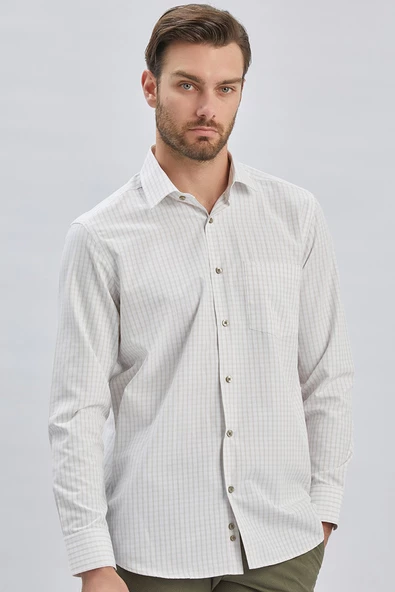 Beyaz Uzun Kollu Ekoseli Sert Yaka Cepli Pamuklu Klasik Comfort Fit Rahat Kesim Gömlek 1004240223 - Resim 3