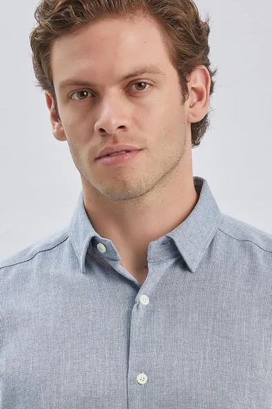 Koyu Mavi Uzun Kol Kendinden Desenli Armürlü Yarım İtalyan Yaka Classic Slim Fit Gömlek 1004240250 - Resim 4