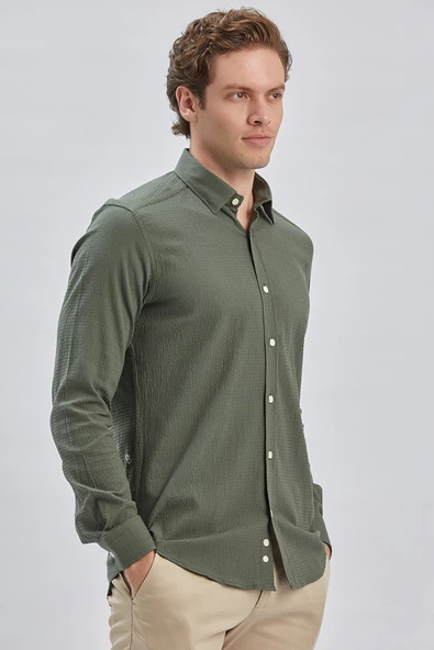 Koyu Haki Uzun Kollu Biritli Yaka Biyeli Pamuklu Likralı Casual Slim Fit Gömlek 1004240232 - 4