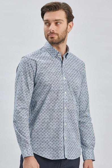 Koyu Lacivert Uzun Kollu Baskılı Biritli Yaka Cepsiz Pamuklu Klasik Slim Fit Gömlek 1004240213 - 4