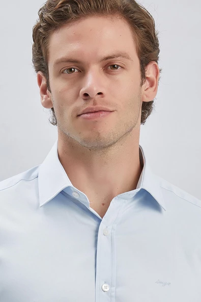 Koyu Mavi Uzun Kollu Sert Yaka Cepsiz Pamuklu Likralı Klasik Slim Fit Dar Kesim Gömlek 1004240234 - Resim 6