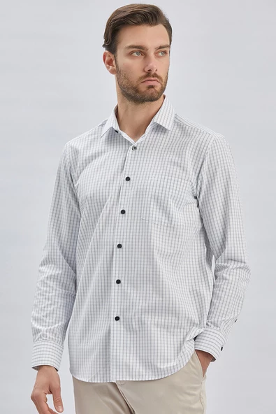 Beyaz Uzun Kollu Ekoseli Sert Yaka Cepli Pamuklu Klasik Comfort Fit Rahat Kesim Gömlek 1004240223 - Resim 4