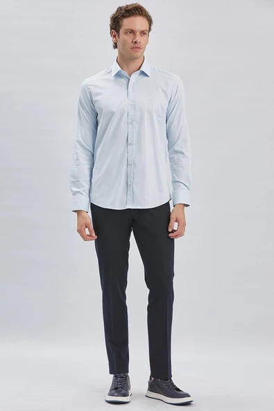 Koyu Mavi Uzun Kollu Sert Yaka Cepsiz Pamuklu Likralı Klasik Slim Fit Dar Kesim Gömlek 1004240234 - Resim 3