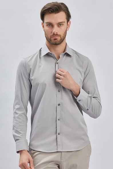Gri Uzun Kollu Sert Yaka Cepsiz Pamuklu Likralı Klasik Slim Fit Dar Kesim Gömlek 1004240234 - 2